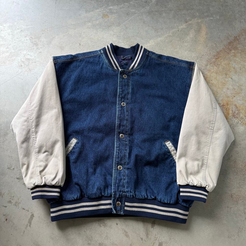 Vintage 90's Basic Editions Retro Classic Denim Varsity Bomber Jacket Size L
